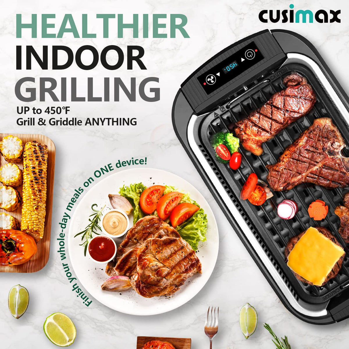 CUSIMAX perforated grill plate drains fat for healthier searing.