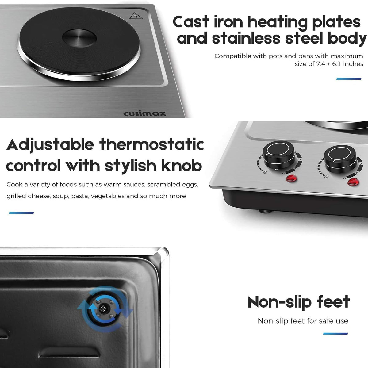 CUSIMAX stainless steel body compact design ideal for small kitchens.