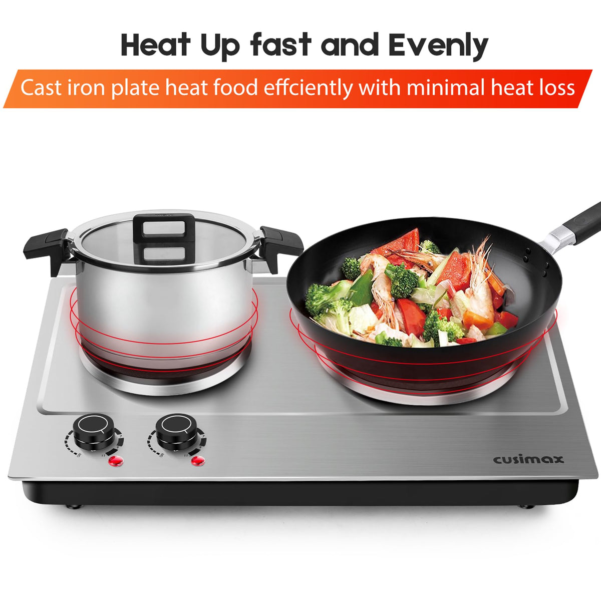 CUSIMAX thermostat control knob enables stable temperatures during meals.