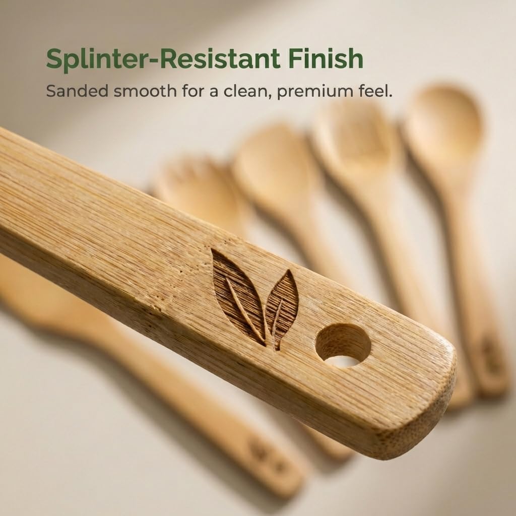 Cusinera bamboo utensils in kitchen scene illustrate easy care and eco-friendly use.