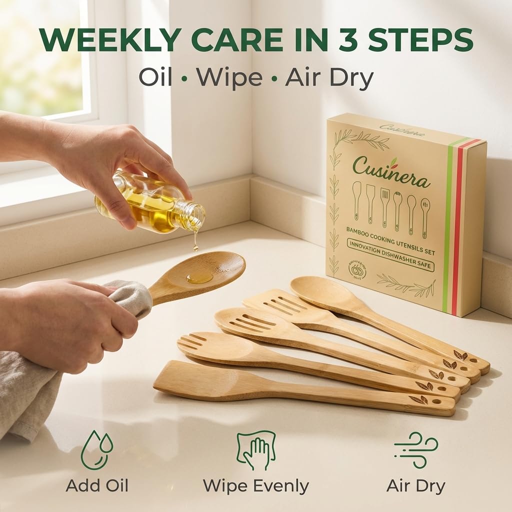 Cusinera bamboo utensils slotted spatula designed to flip safely on non-stick pans.