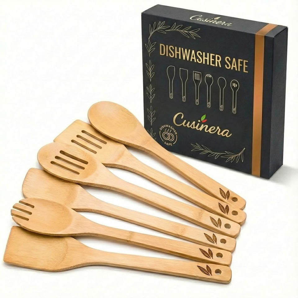 Cusinera bamboo utensils with slotted spoon ideal for draining and stirring.