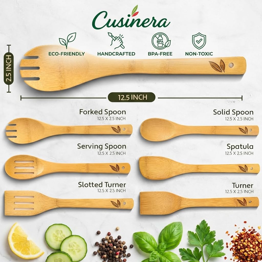 Cusinera bamboo spoon fork set perfect for tasting, stirring, and serving.