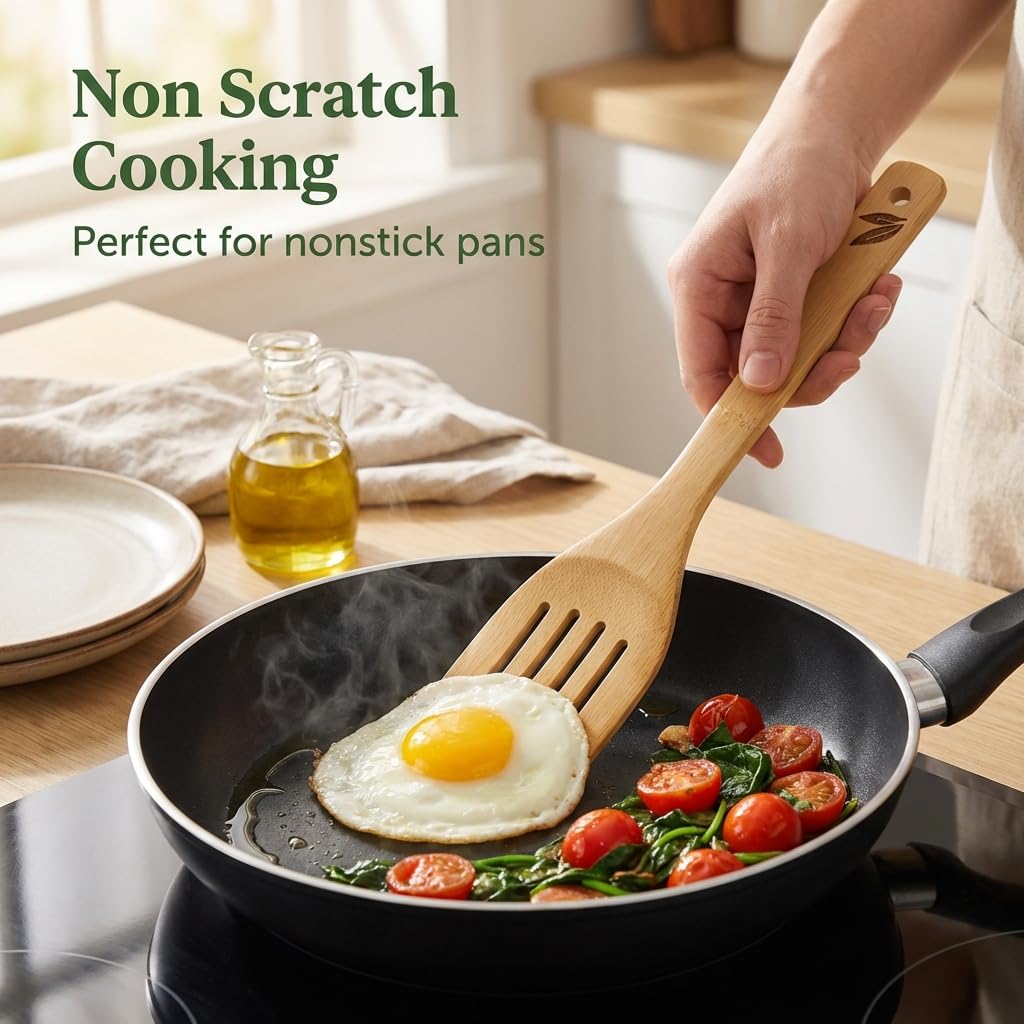Cusinera bamboo utensils turner spatula shown for flipping delicate dishes.