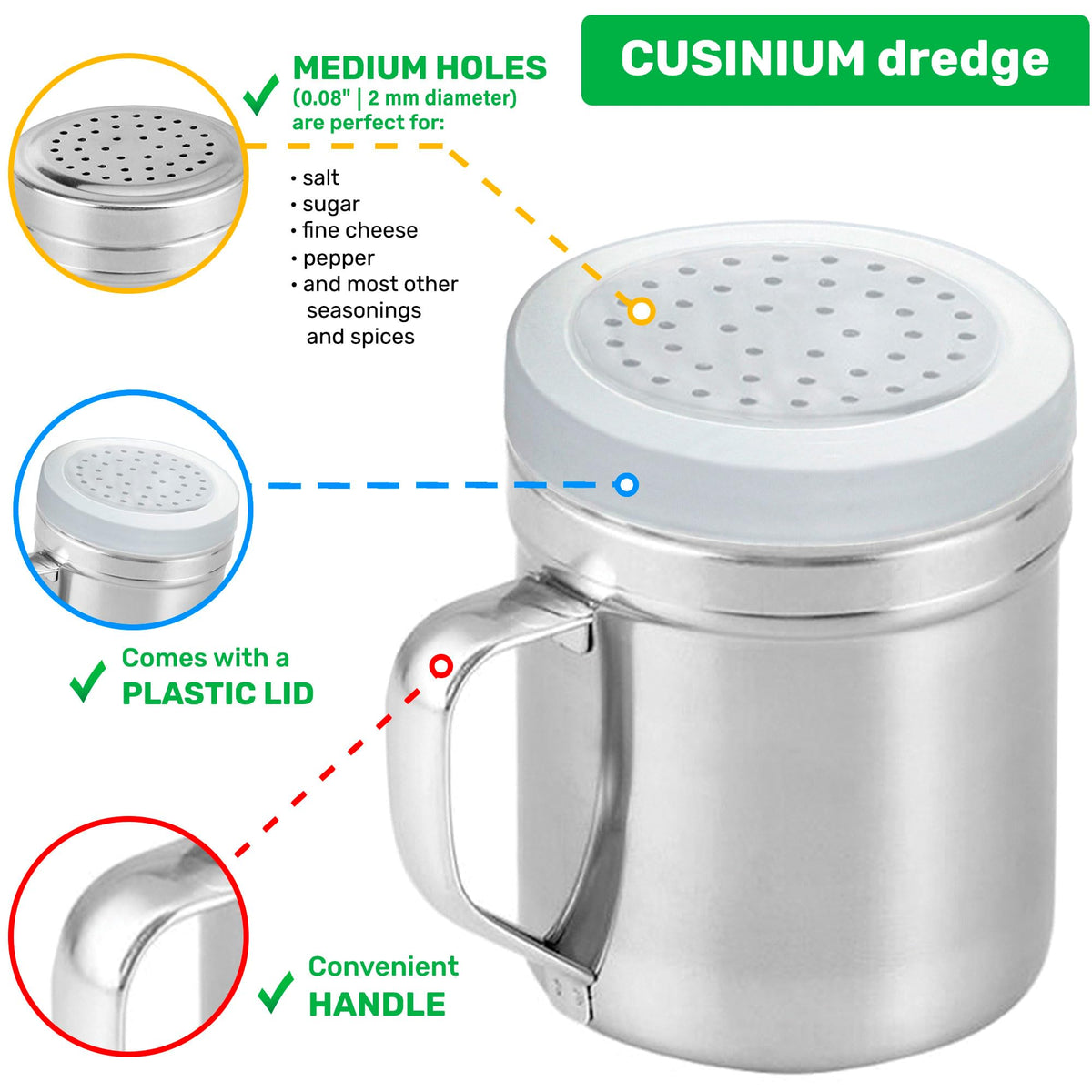 CUSINIUM dredge with medium holes for versatile seasoning and flour sifting