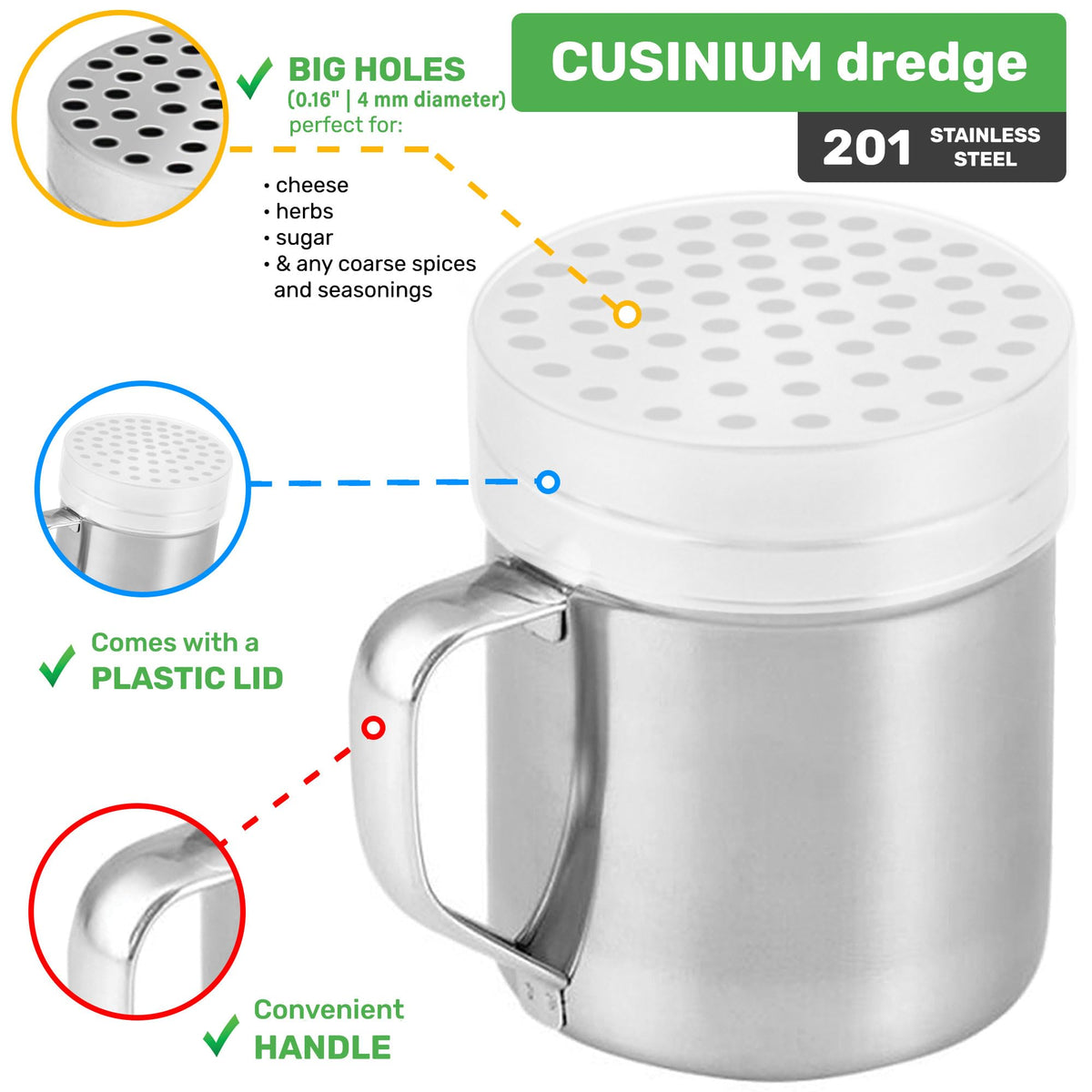 CUSINIUM 10oz large-holes dredge for grated cheese, herbs, or coarse spices.