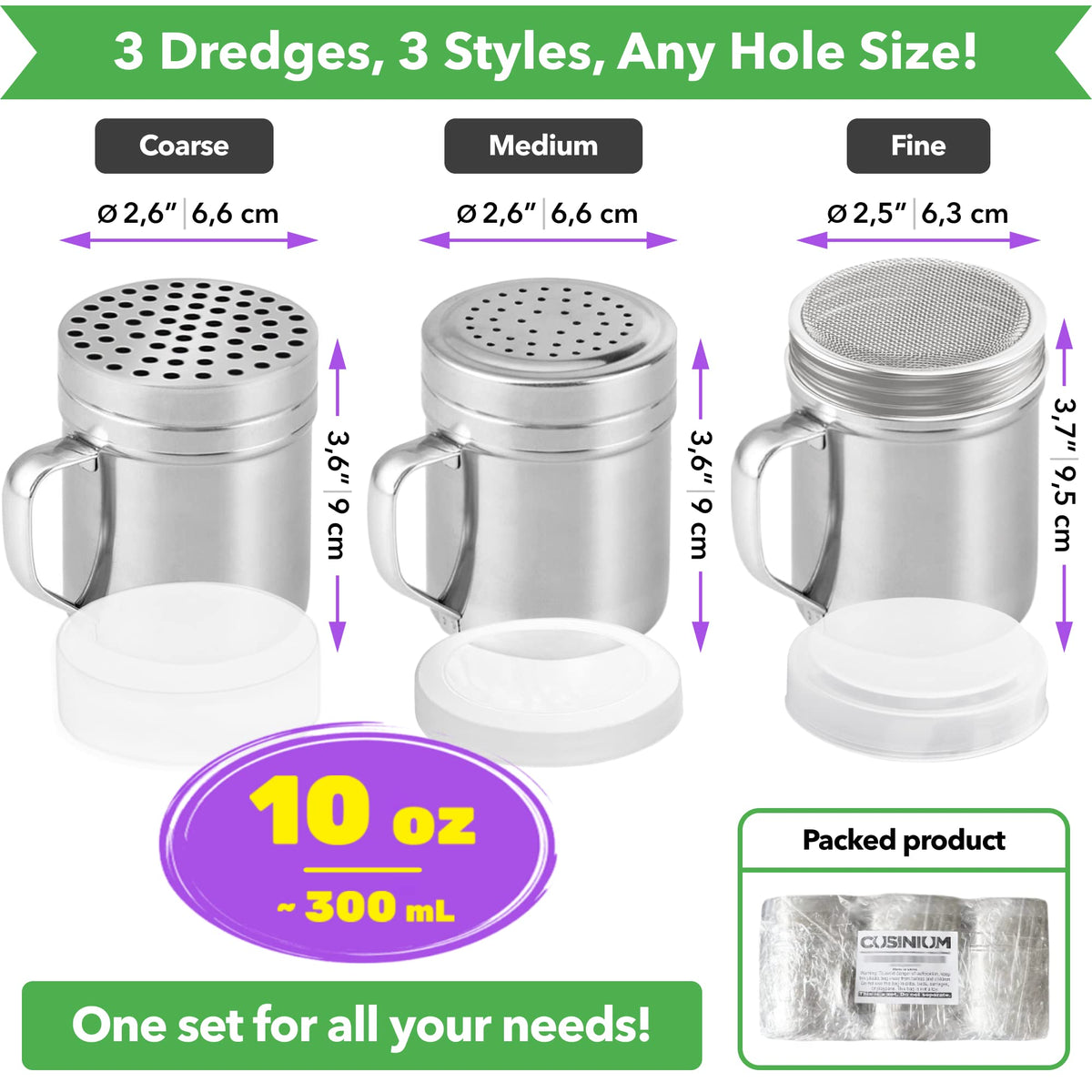 CUSINIUM 10oz dredge with medium holes is ideal for salt and spice blends.