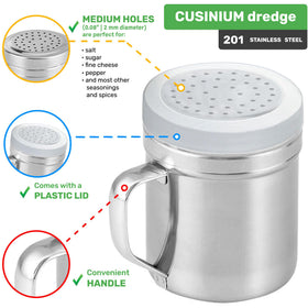 CUSINIUM dredge with handle and lid for easy, controlled seasoning.