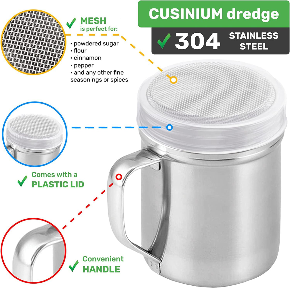 CUSINIUM dredge includes a protective plastic cup to guard moisture.