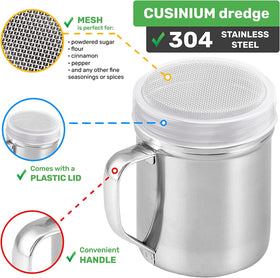 CUSINIUM dredge includes a protective plastic cup to guard moisture.