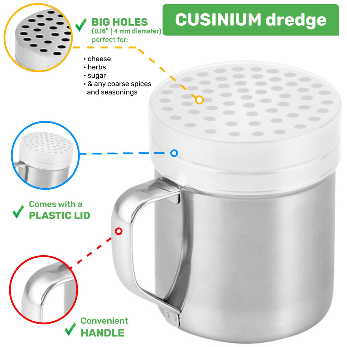 CUSINIUM parmesan shaker handle detail for easy pouring.