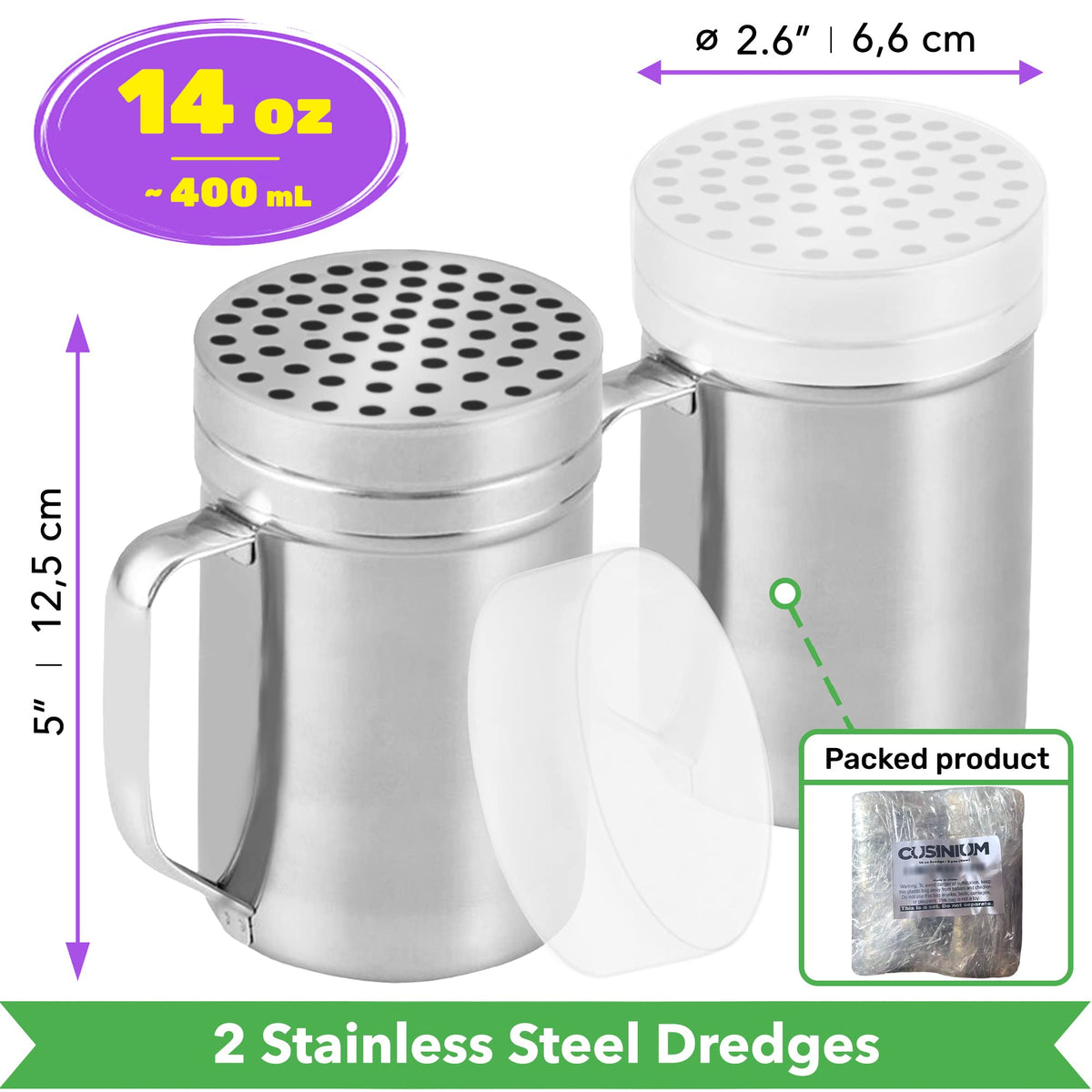 CUSINIUM parmesan shaker with handle for steady one-handed use while cooking.