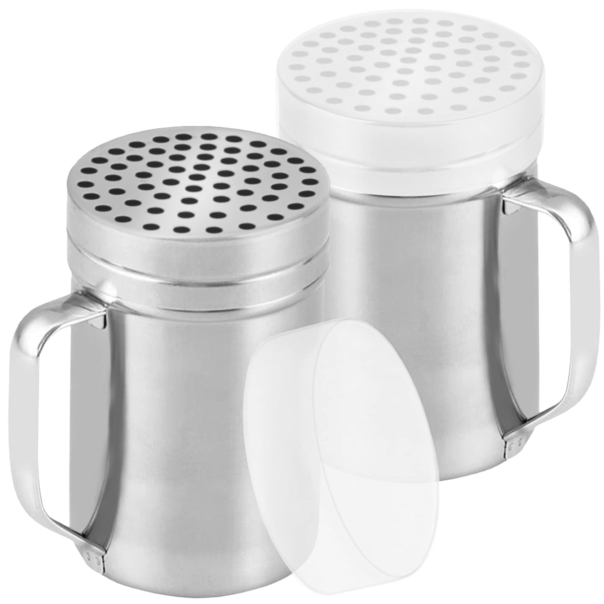 CUSINIUM parmesan shaker set with large holes for easy cheese dispensing on pizzas.