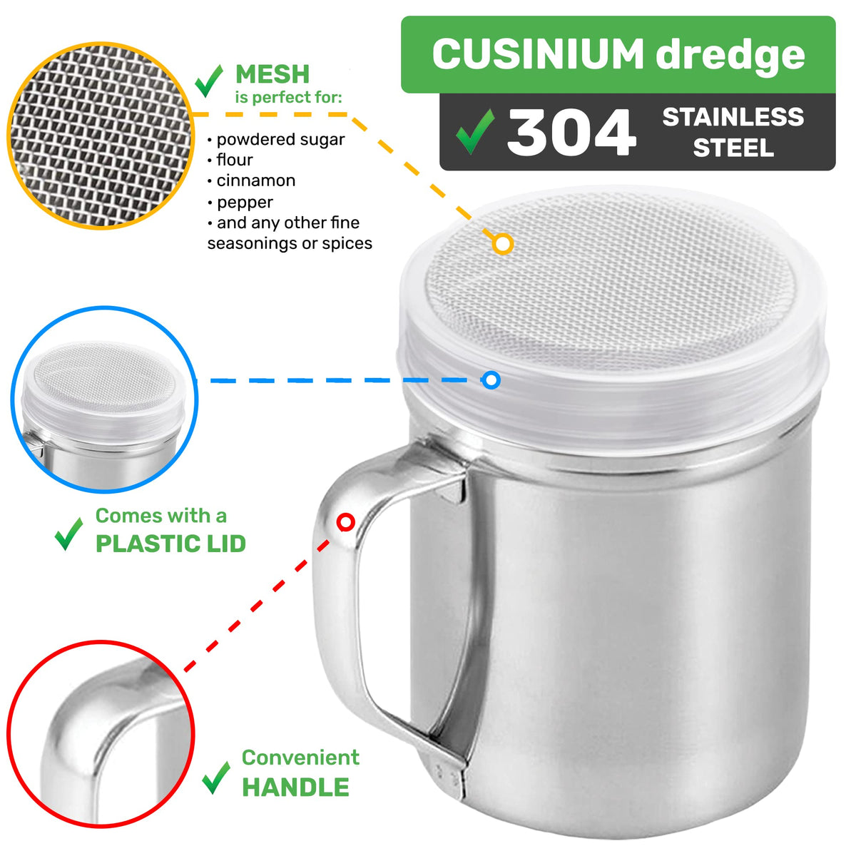 CUSINIUM shaker shows twist-off lids for easy refills.