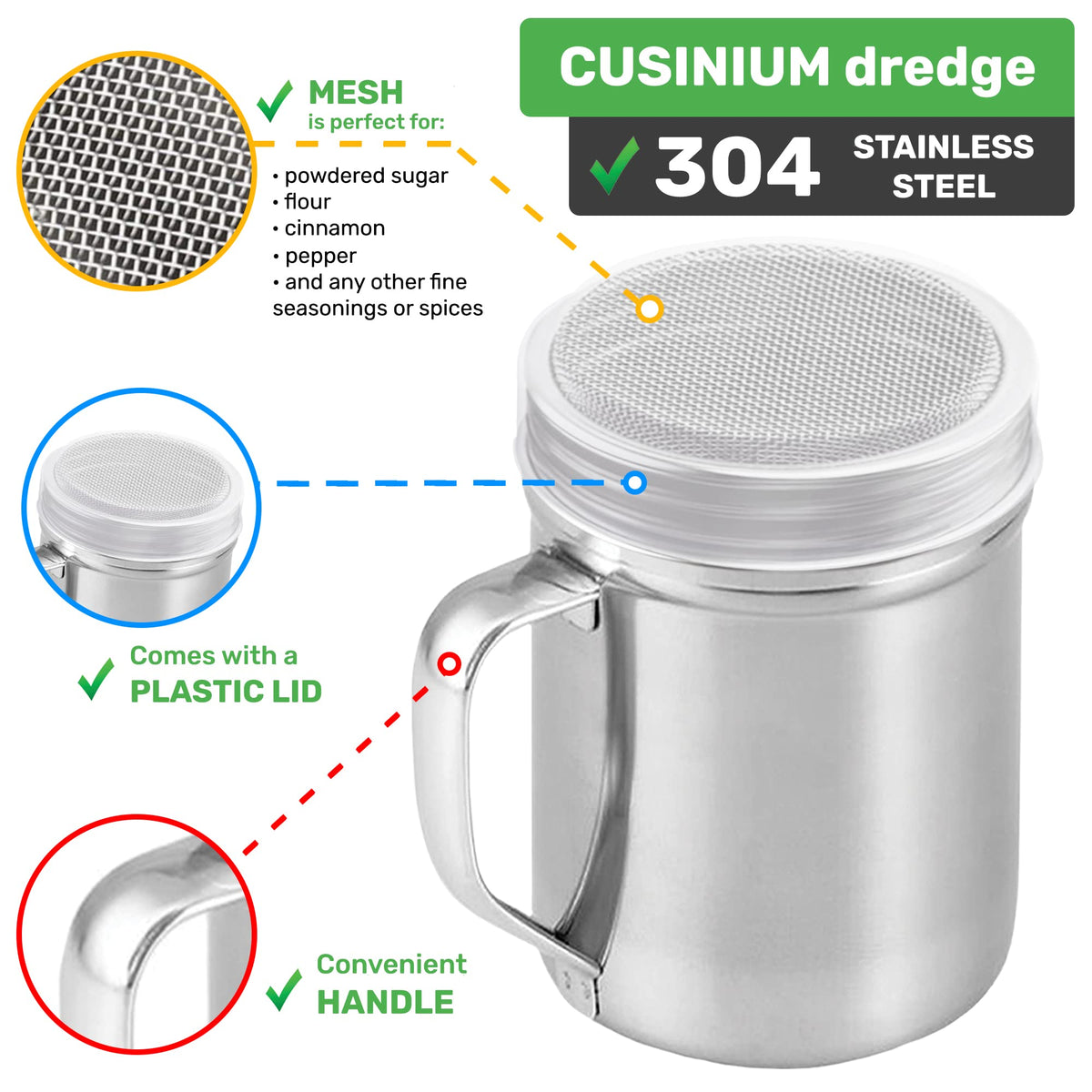 CUSINIUM stainless steel dredge showing twist-off lid for easy refills