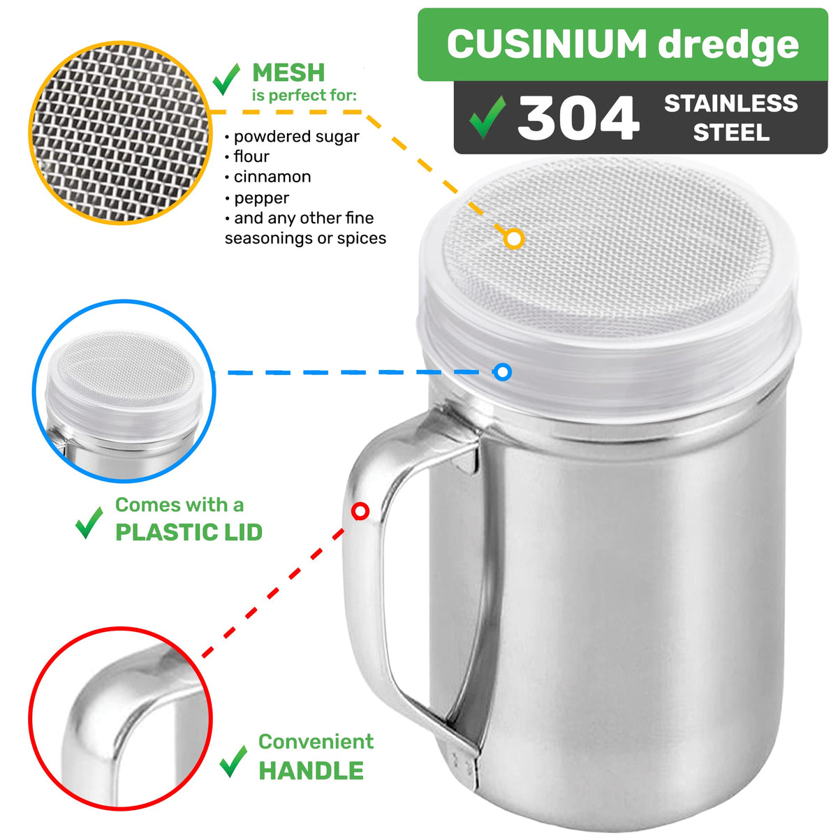 Cusinium twist-off lid shaker with plastic cap protects spices from moisture.