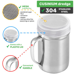 Cusinium twist-off lid shaker with plastic cap protects spices from moisture.