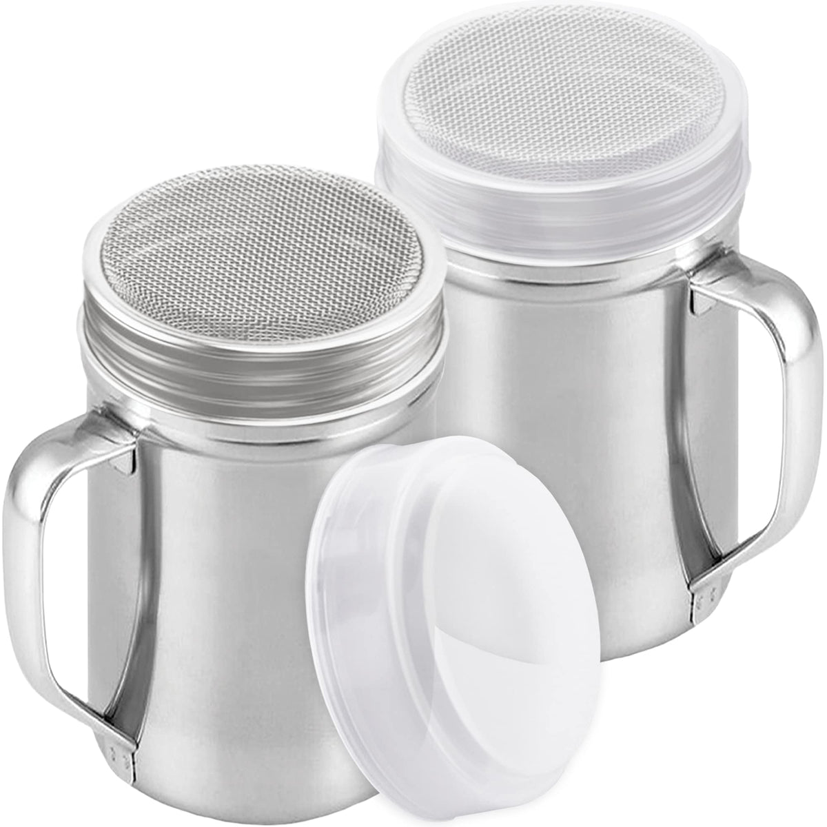 Cusinium two large stainless steel dredges with handles for convenient powder dusting.