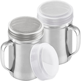 Cusinium two large stainless steel dredges with handles for convenient powder dusting.
