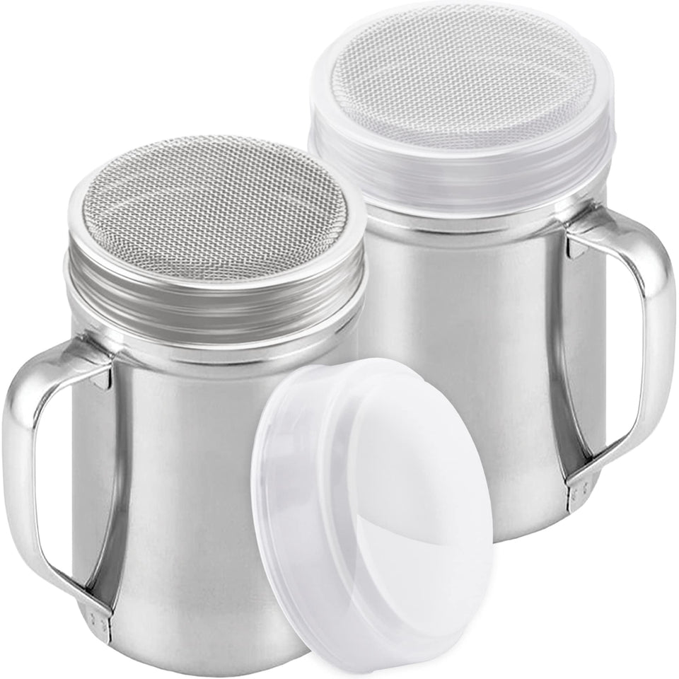 Cusinium two large stainless steel dredges with handles for convenient powder dusting.
