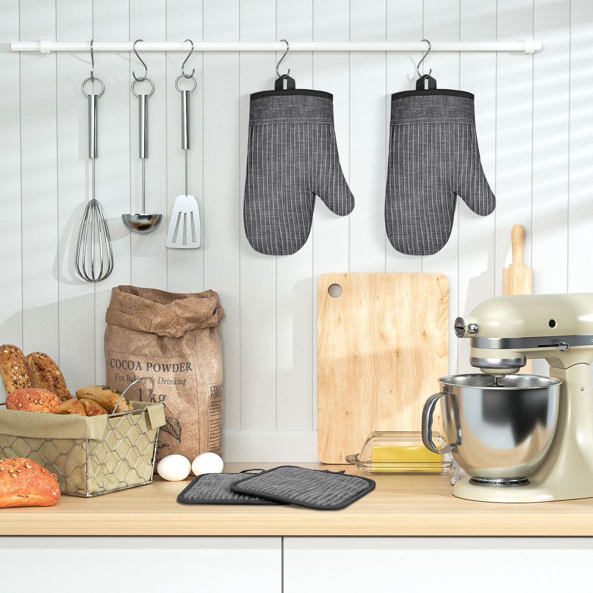 CUSIRA hanging loop keeps mitts handy and organized in the kitchen.