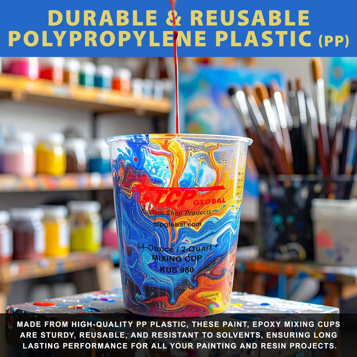 Custom Shop clear cups offer easy content visibility while mixing liquids.
