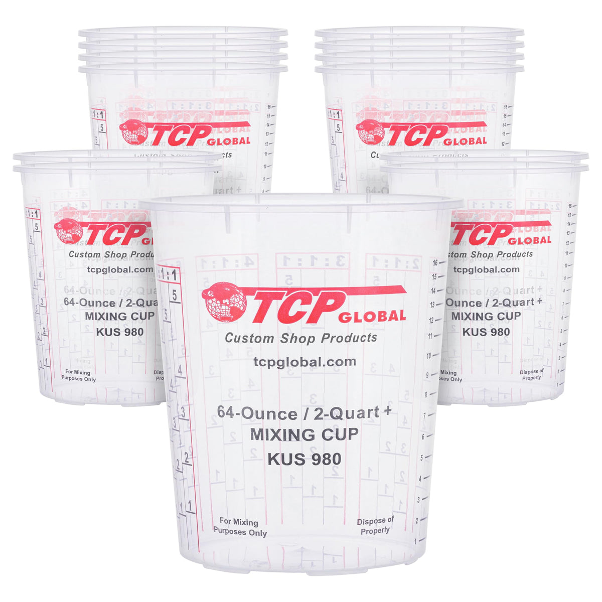 Custom Shop 64oz paint mixing cups in a 12-pack for large-volume projects.