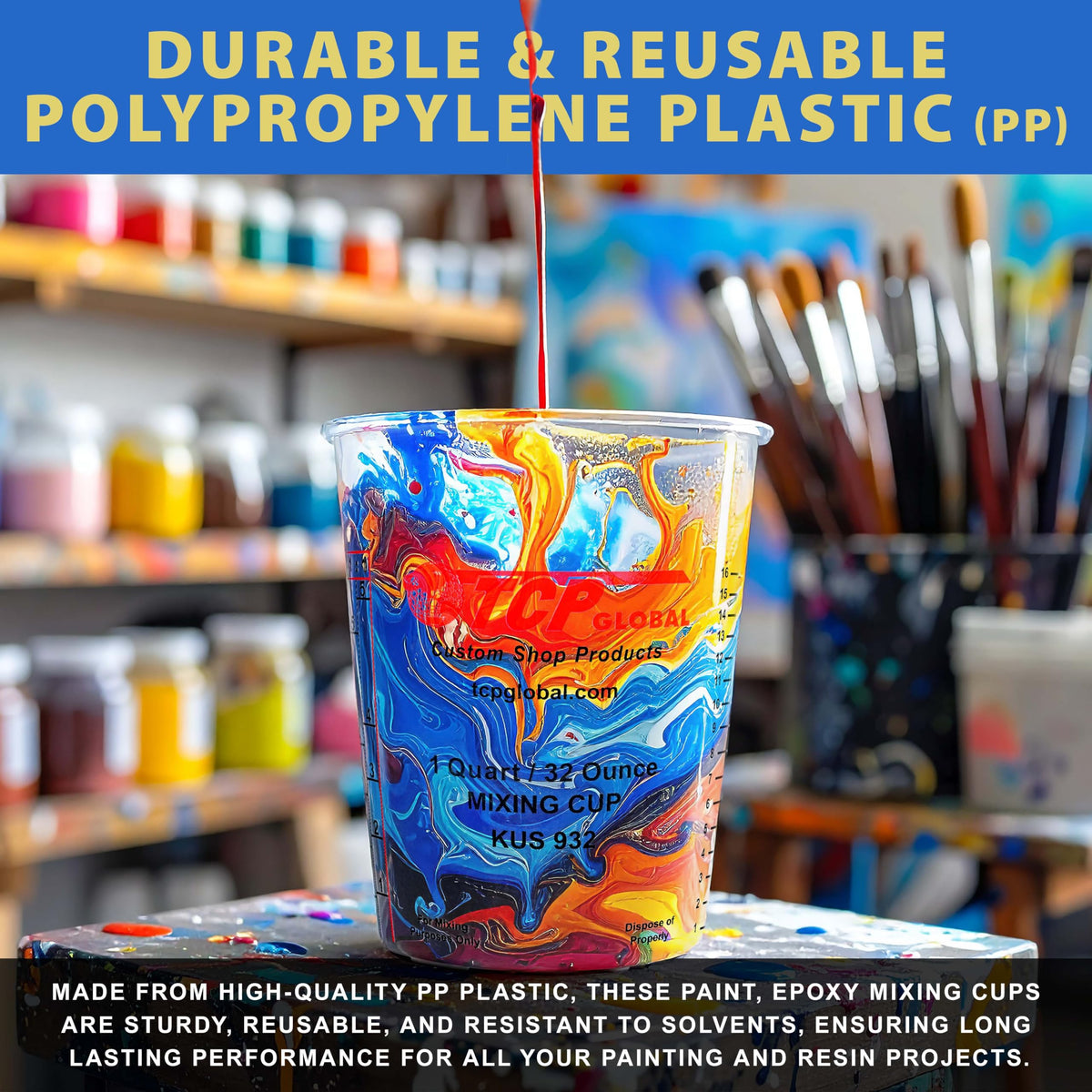 Custom Shop polypropylene cups resist solvents for paints and coatings