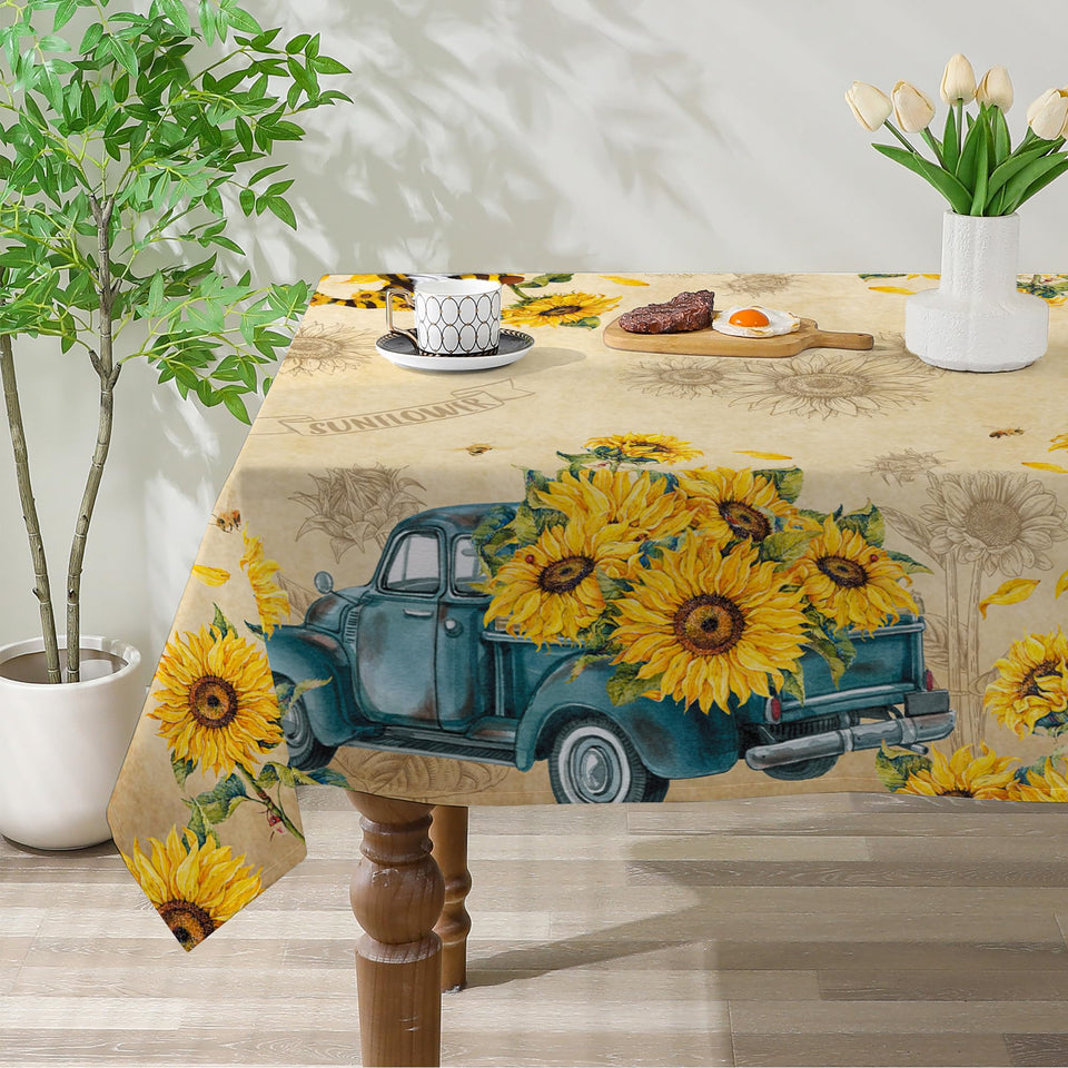 Cusugbaso sunflower tablecloth closeup showing vibrant print on durable fabric
