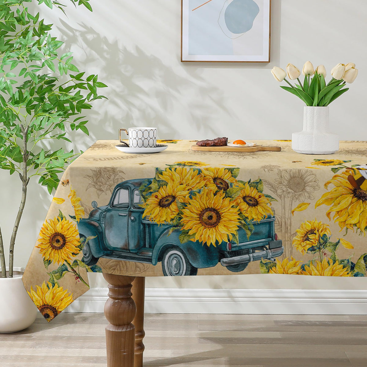 Cusugbaso sunflower tablecloth on a dining setup highlighting color and coverage