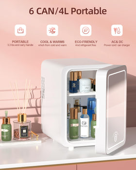 CUTIEWORLD 4L mini fridge cools and warms for cosmetics, masks, and samples.