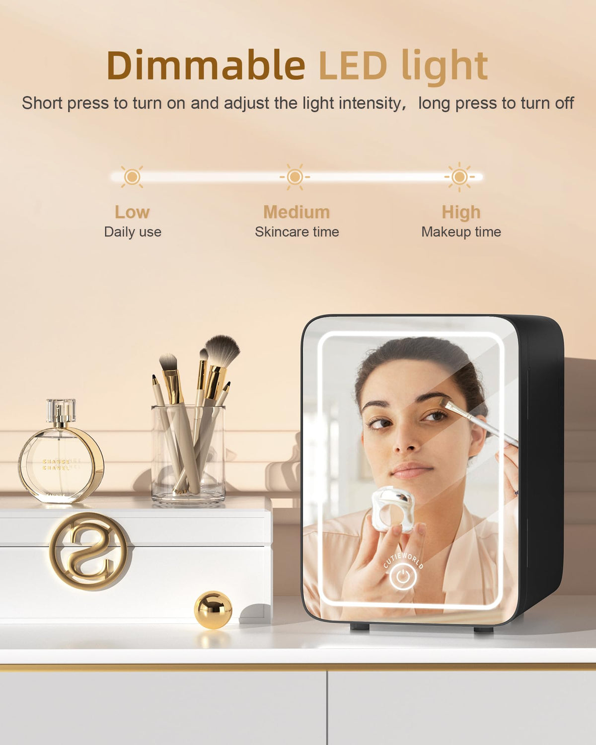 CUTIEWORLD makeup fridge in bedroom setup for desk use