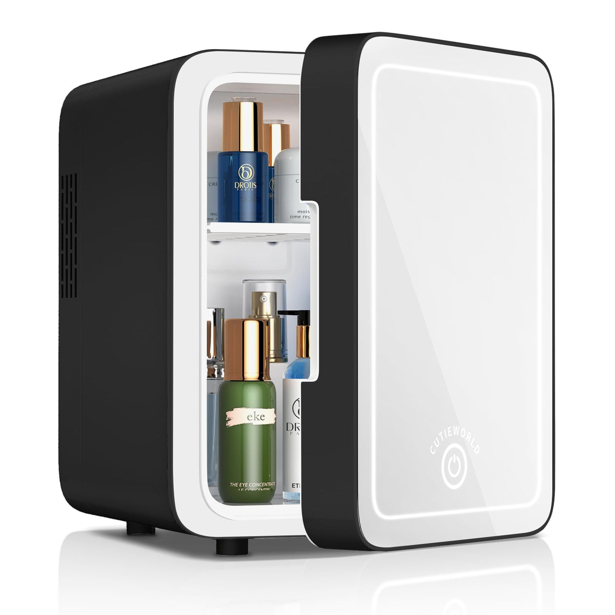 CUTIEWORLD makeup fridge front view with mirror door for skincare storage