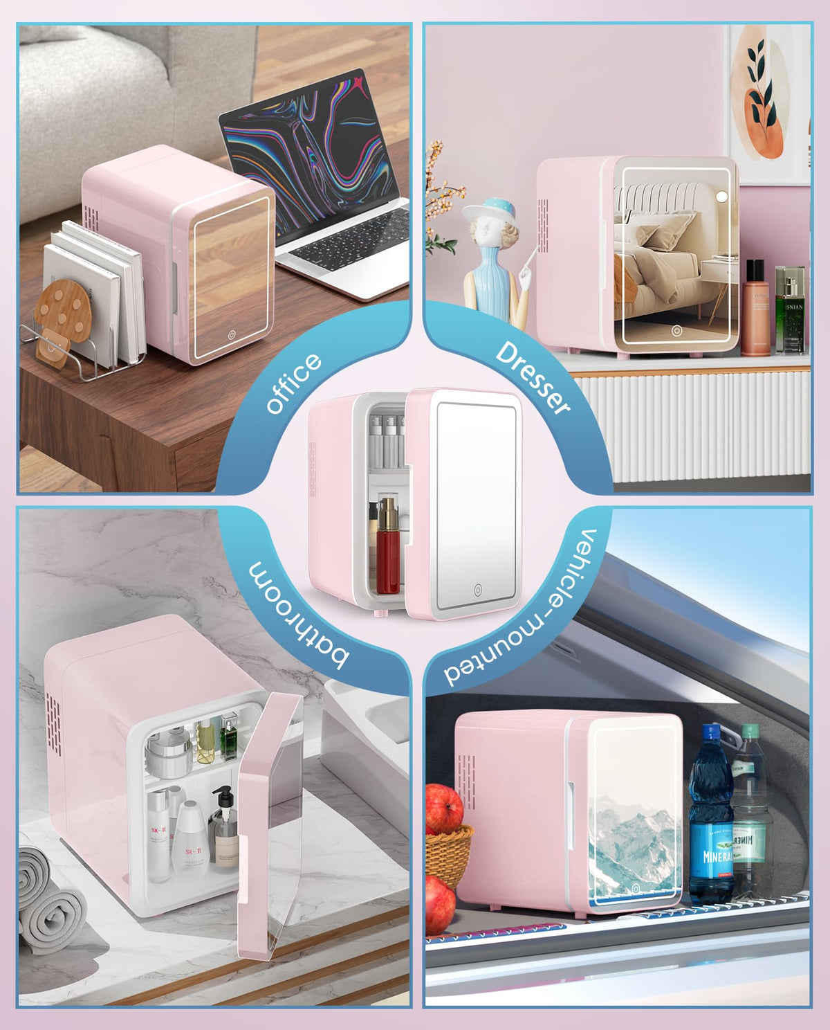 CUTIEWORLD 4L fridge stores skincare items and small beverages.