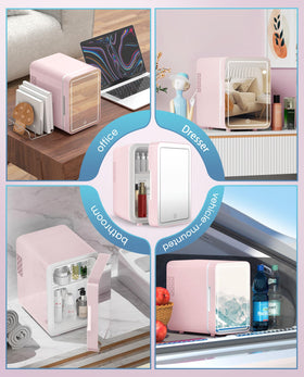 CUTIEWORLD 4L fridge stores skincare items and small beverages.
