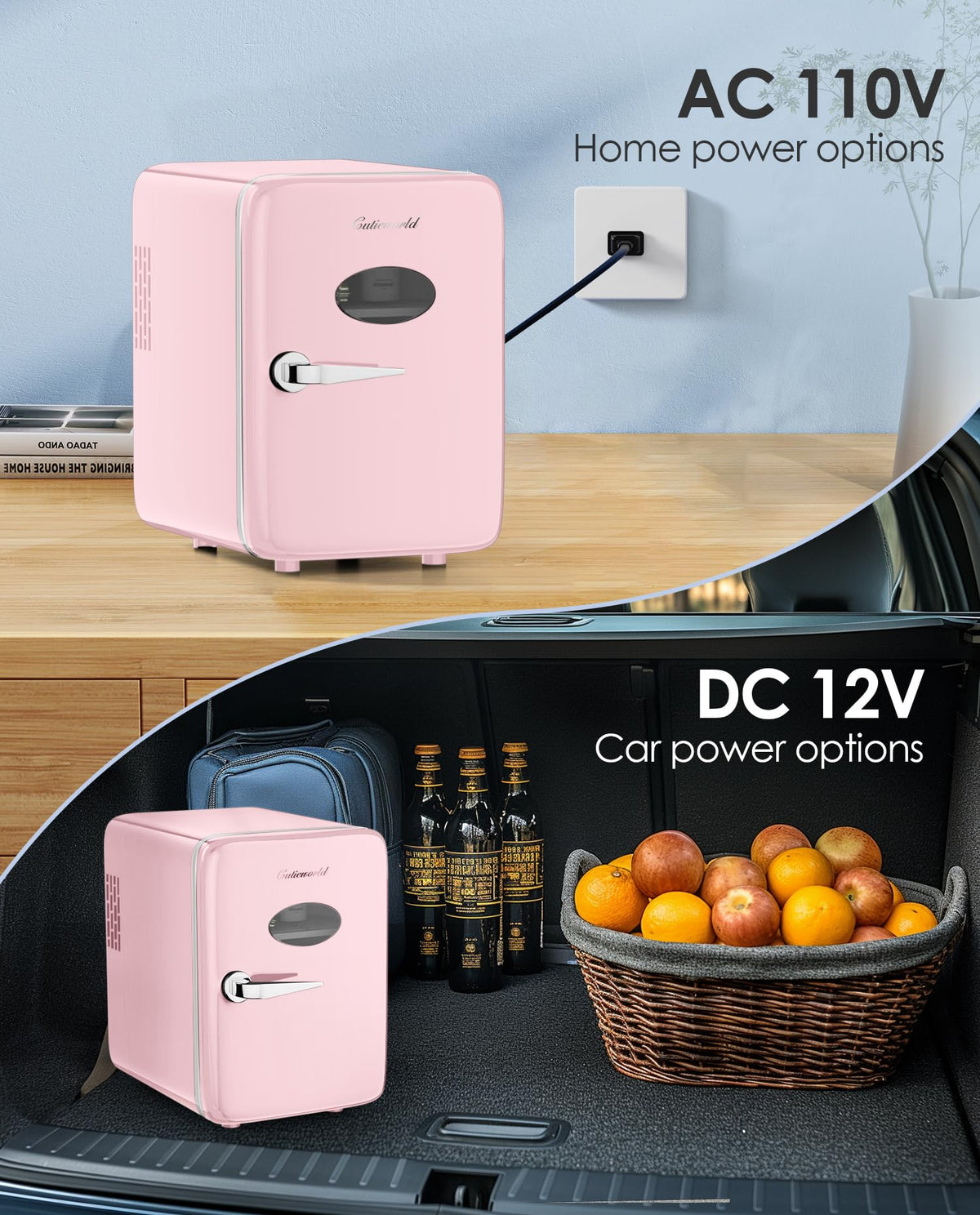 CUTIEWORLD skincare fridge connected to AC and DC cords for home and car use.