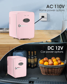CUTIEWORLD skincare fridge connected to AC and DC cords for home and car use.