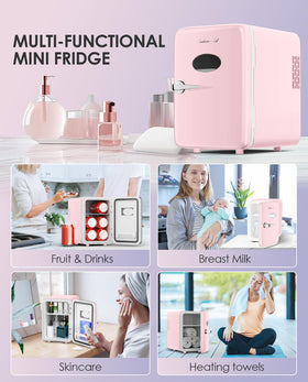 CUTIEWORLD fridge stores six 12-ounce drinks alongside skincare items.