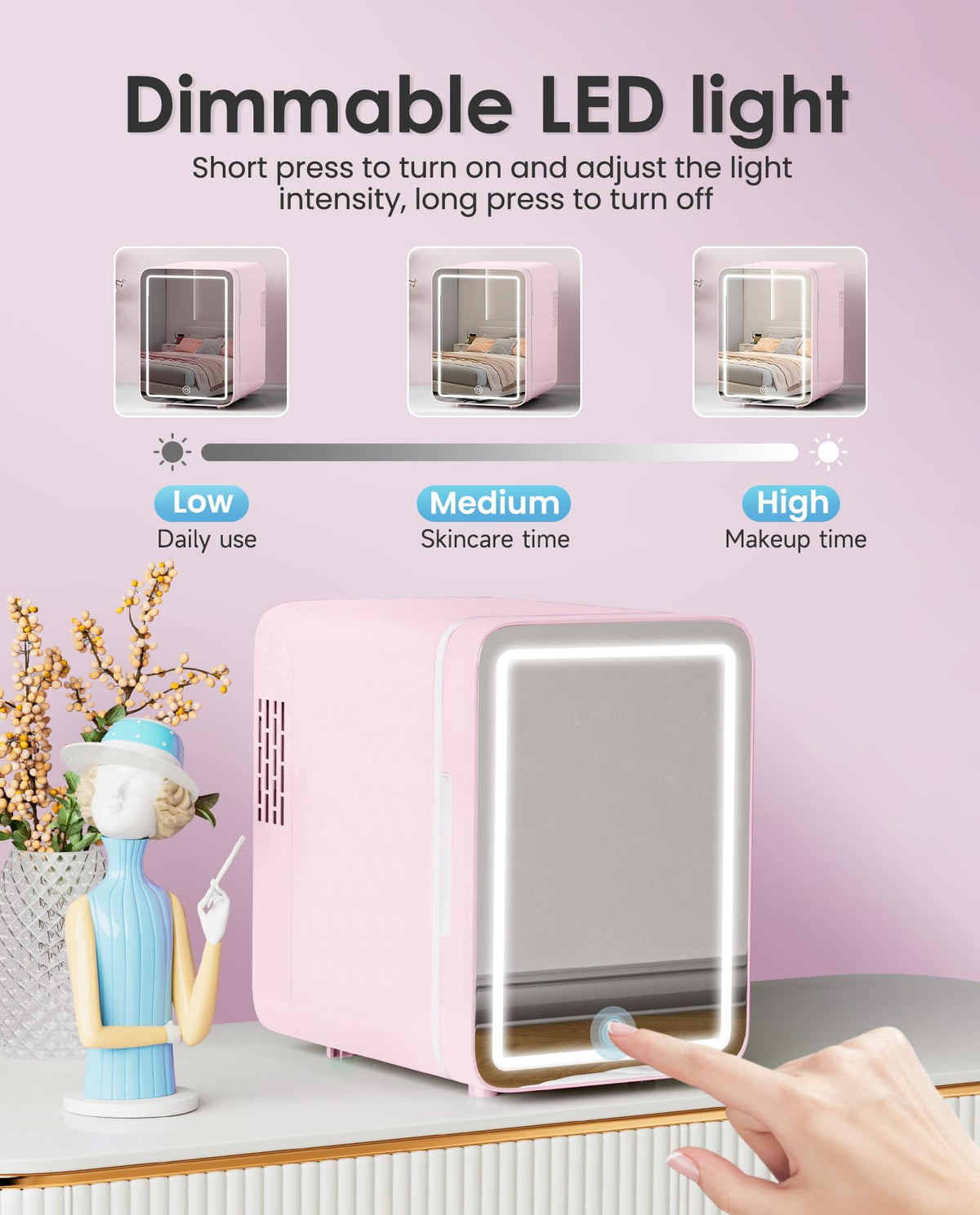 CUTIEWORLD skincare fridge hot-cold control enables quick temperature adjustment.