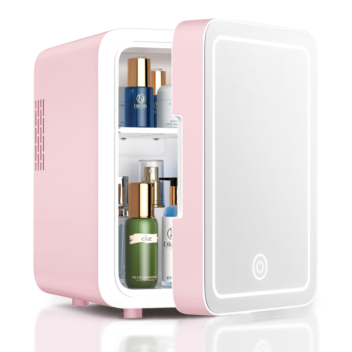 CUTIEWORLD skincare fridge with LED mirror door for easy routine and makeup prep.