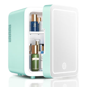 CUTIEWORLD skincare fridge with LED mirror door enhances makeup prep at the vanity
