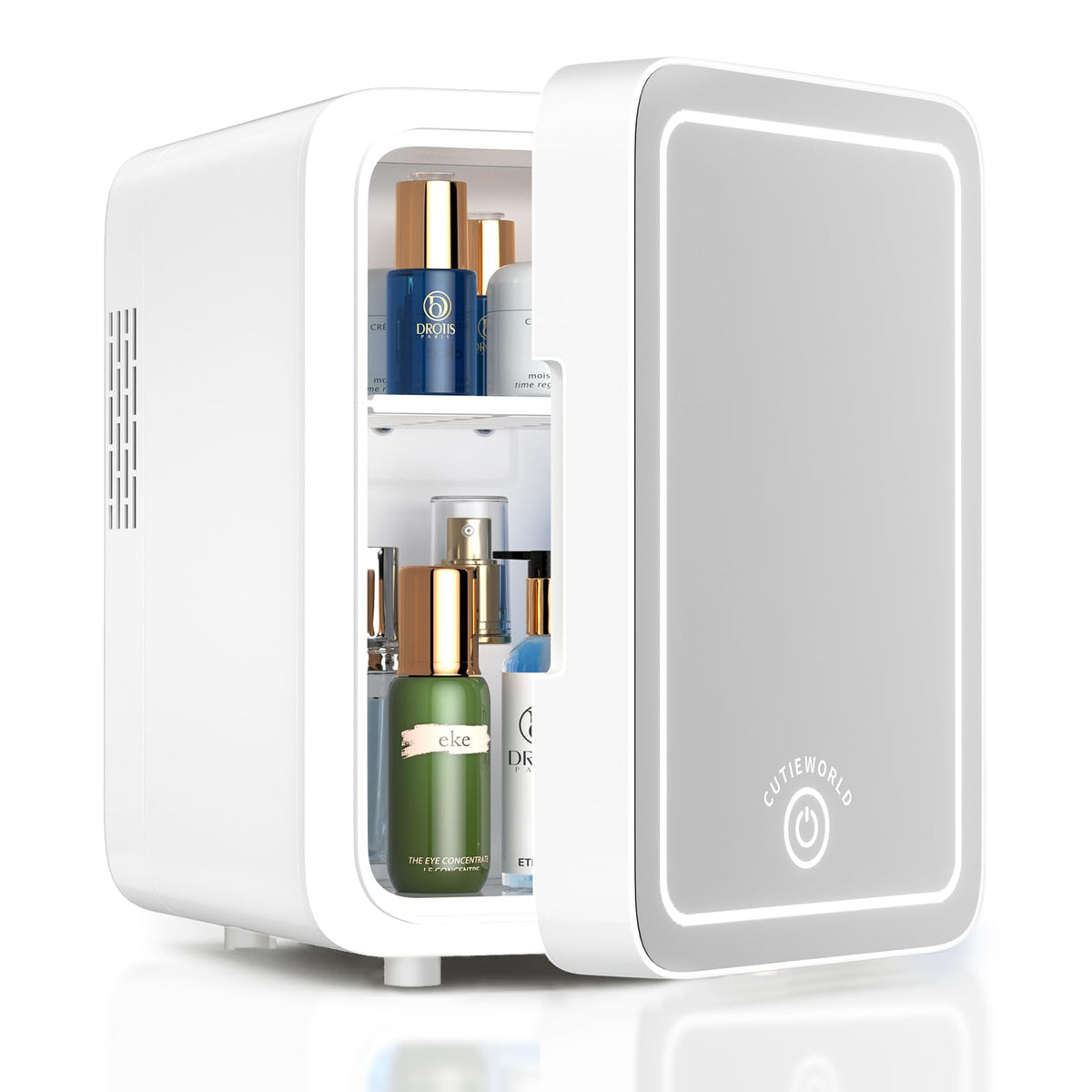CUTIEWORLD skincare fridge with mirror door for easy skincare storage and routines.