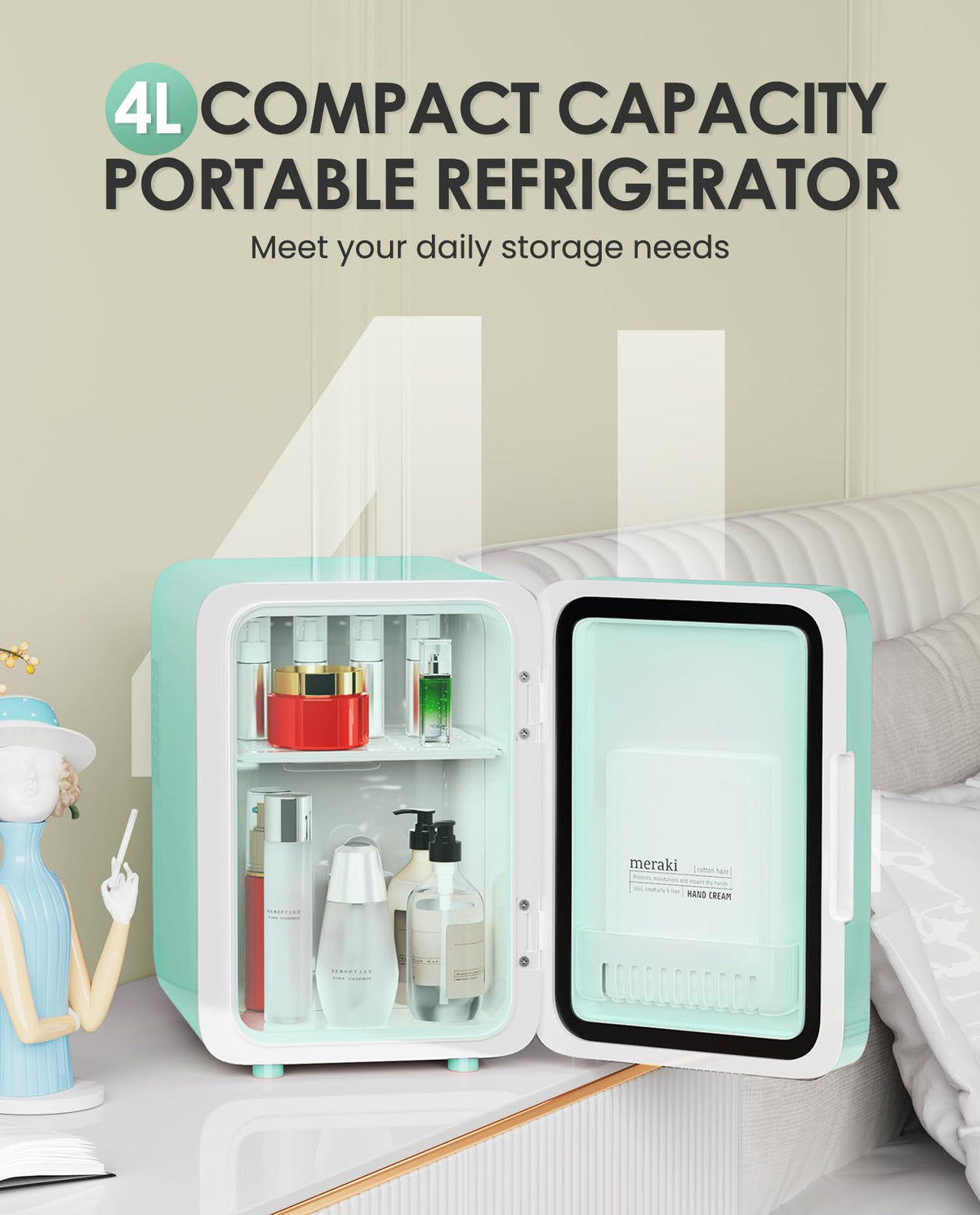 CUTIEWORLD skincare fridge's quiet operation suits a desk or bedroom without disruption