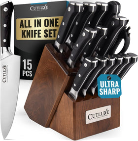 Cutluxe 15-piece knife set top view shows a complete kit for versatile kitchen prep.