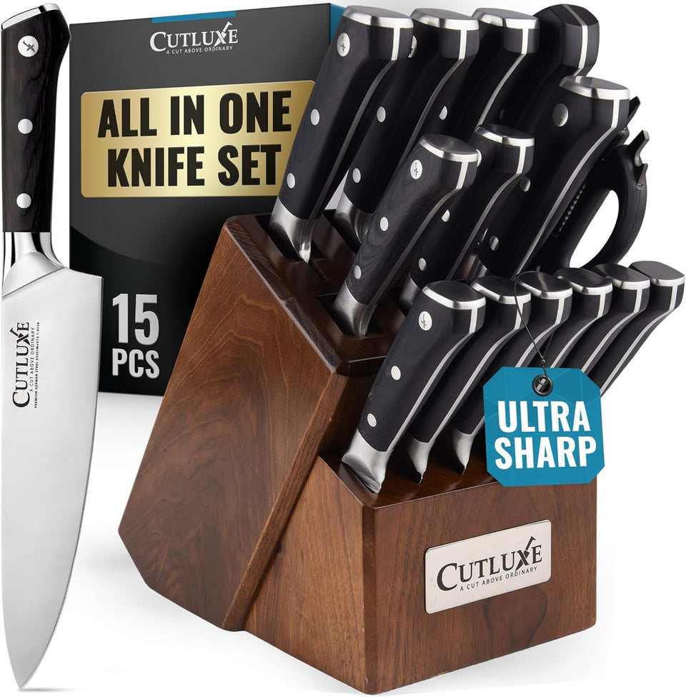 Cutluxe 15-piece knife set top view shows a complete kit for versatile kitchen prep.