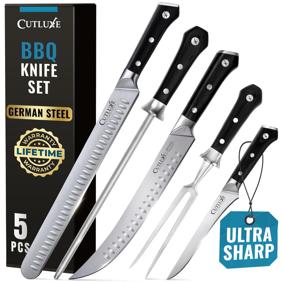 Cutluxe brisket knife in action for precise large-cut slicing