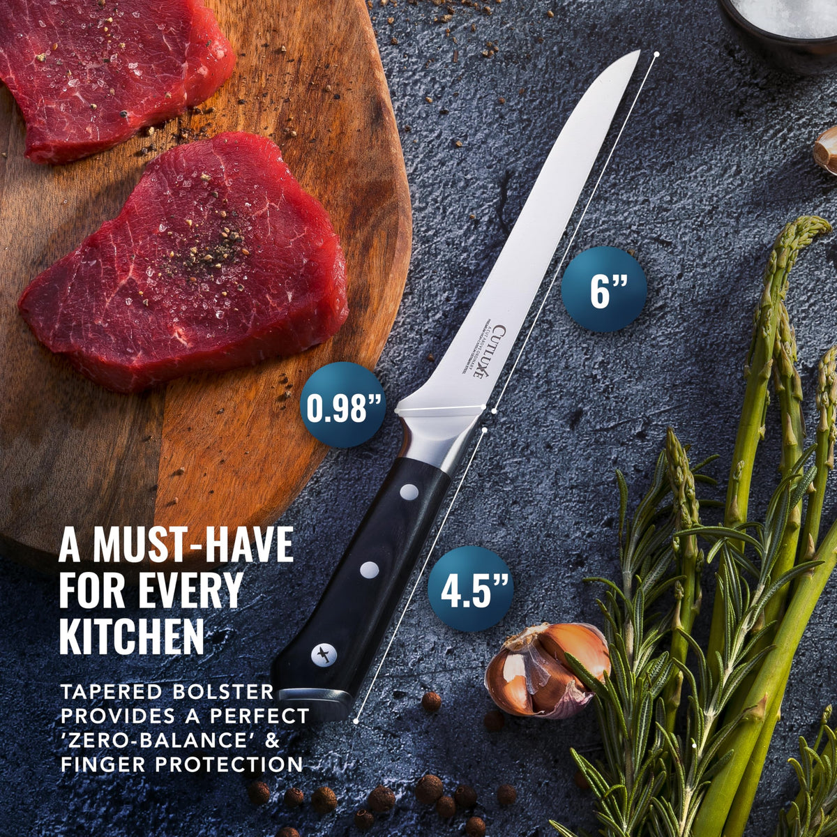 Cutluxe Artisan Series boning knife in use in a busy kitchen