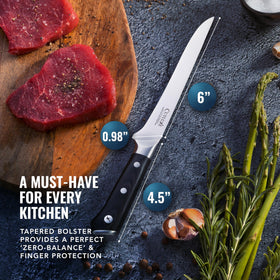 Cutluxe Artisan Series boning knife in use in a busy kitchen