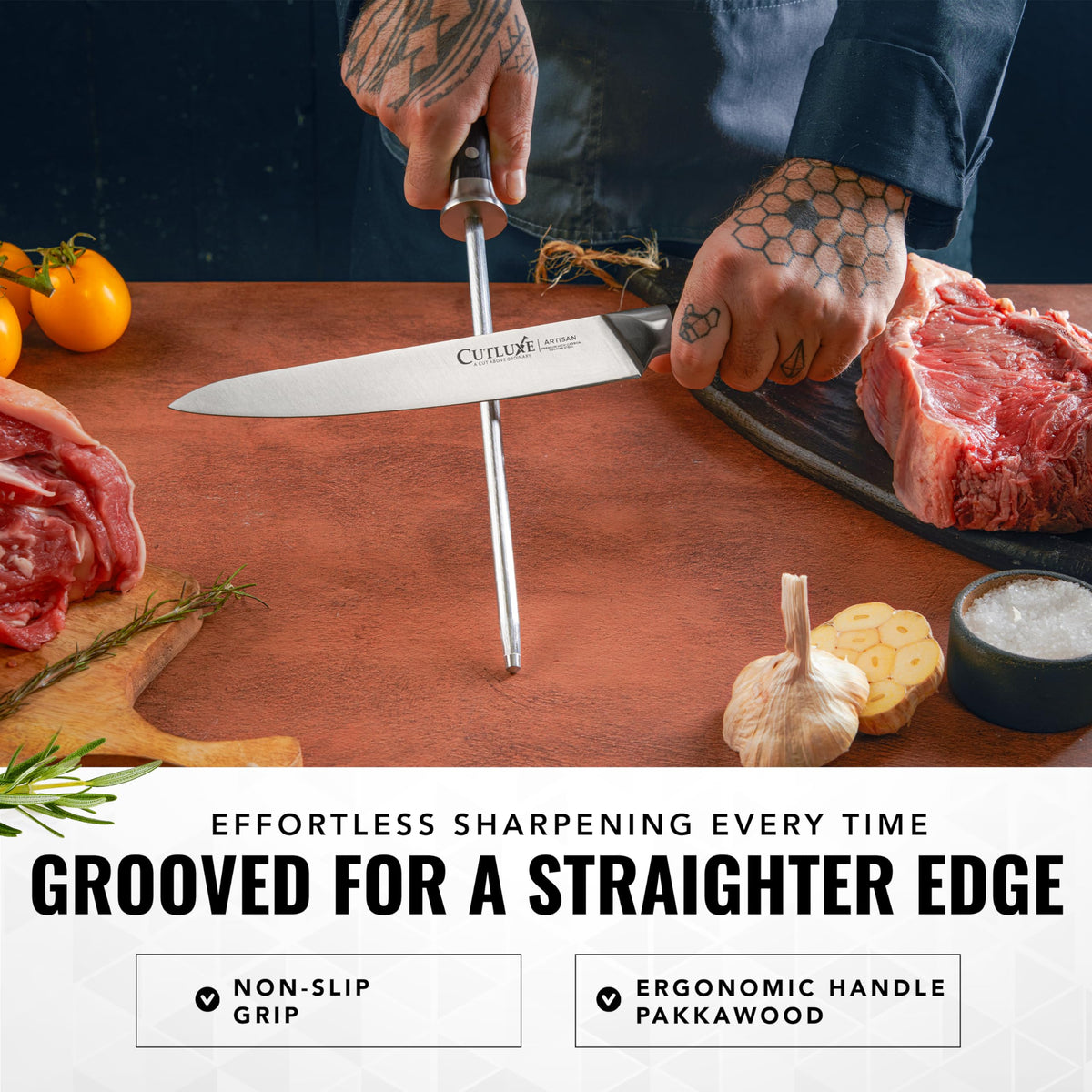 Cutluxe Artisan honing rod with 10 inches eases sharpening long blades.