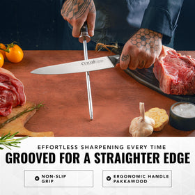 Cutluxe Artisan honing rod with 10 inches eases sharpening long blades.
